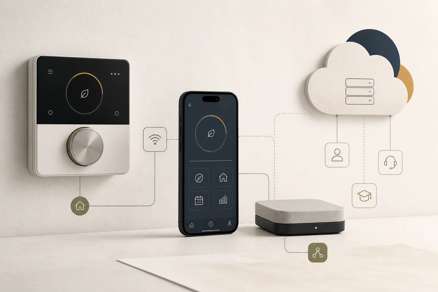 High-level connected climate system with a generic controller, mobile app, home hub, cloud services, and support