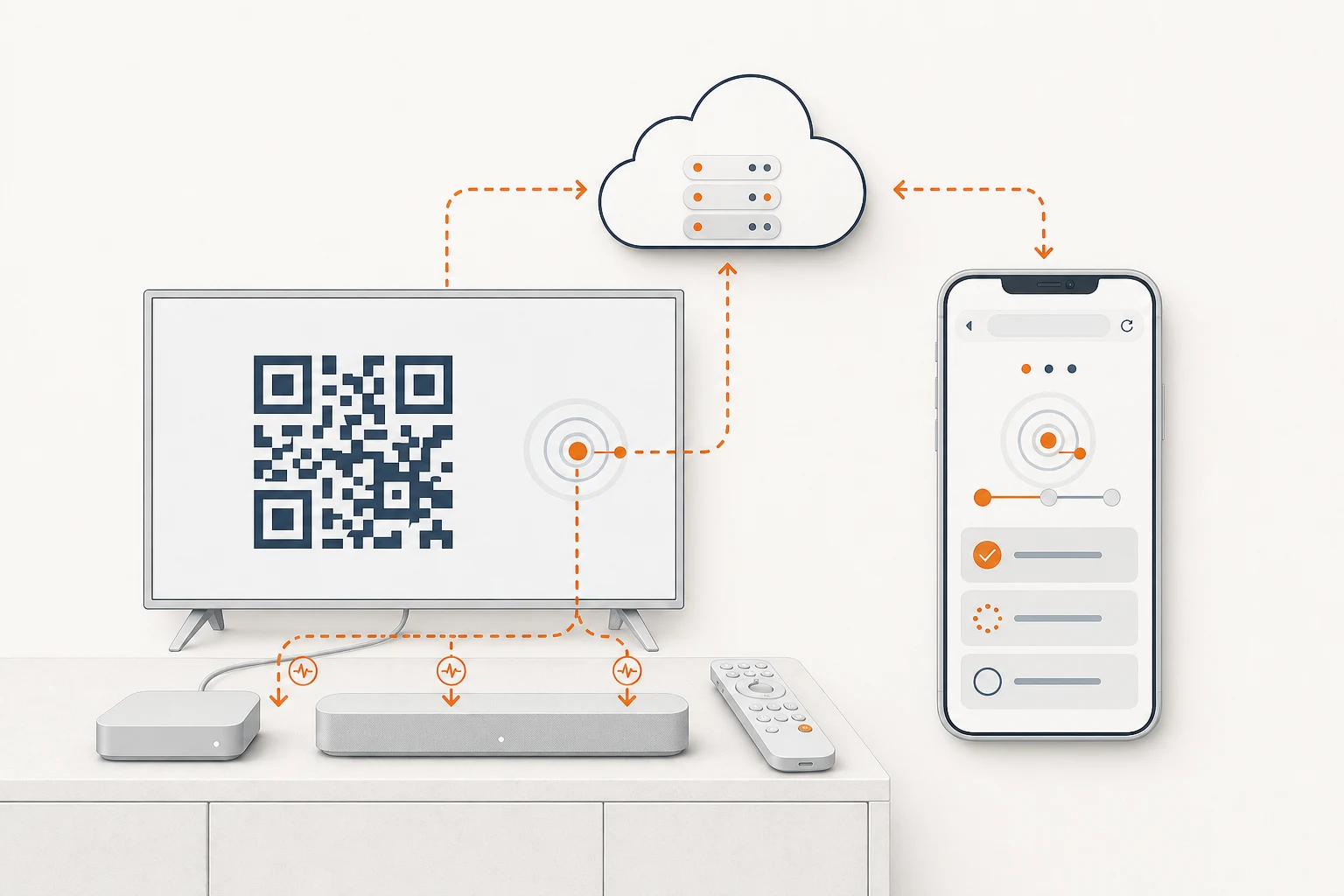 Generic television, soundbar, and set-top box connected through a cloud service to guided support in a phone browser