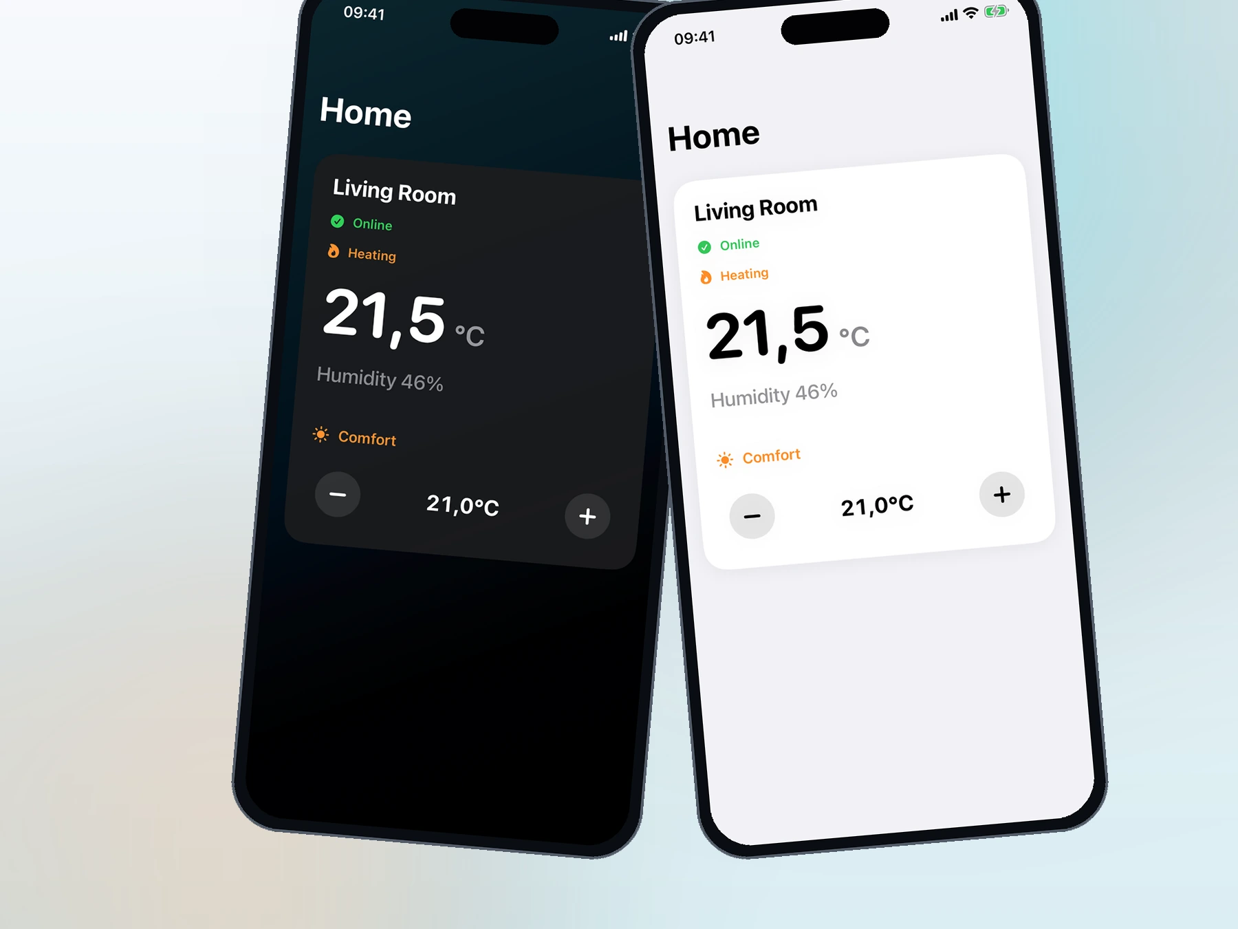 Thermostat dashboard in dark and light appearance with temperature, humidity, heating status, and setpoint controls
