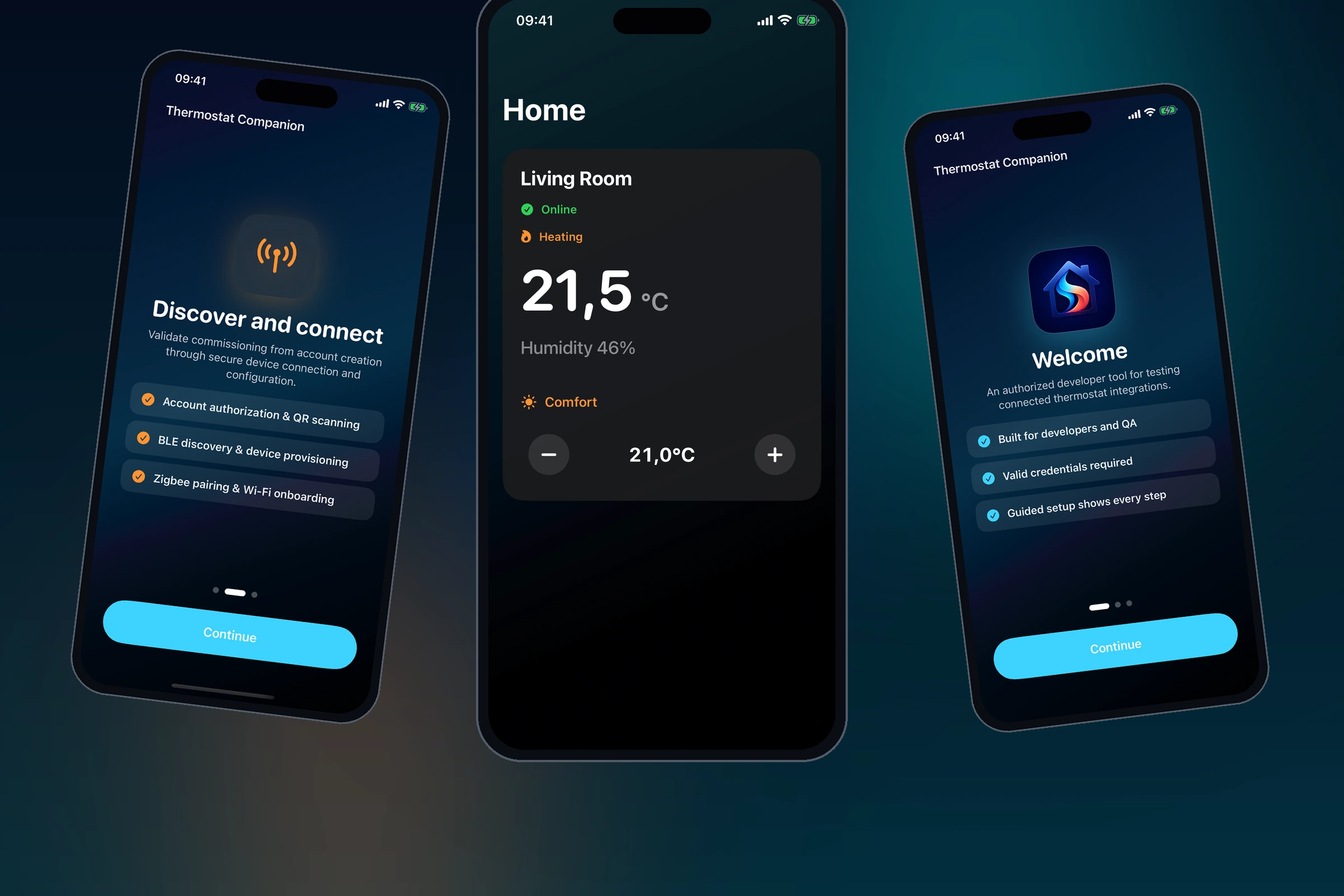 Thermostat Companion onboarding and climate dashboard shown on three iPhones