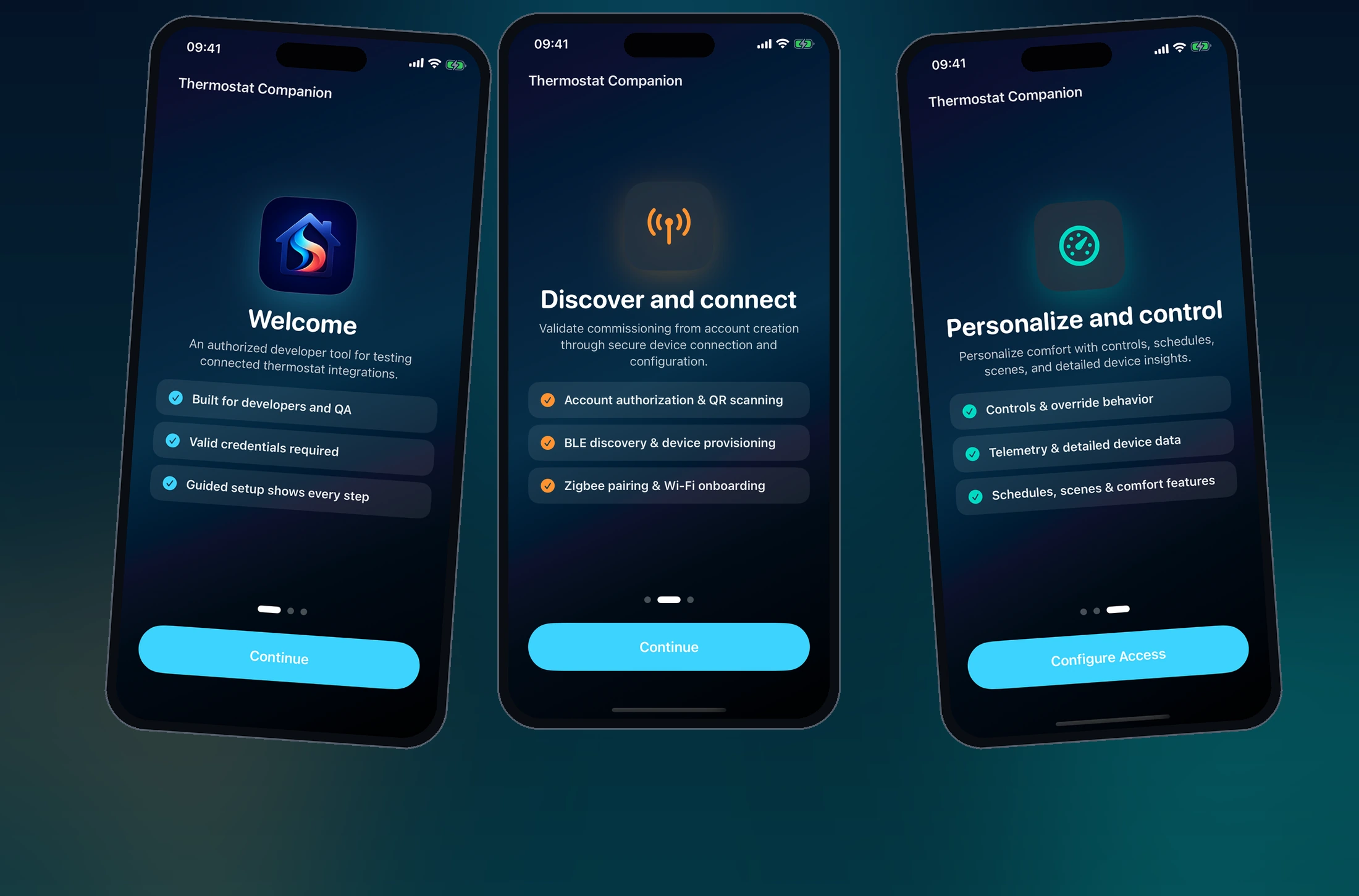 Three Thermostat Companion onboarding screens for welcome, device connection, and climate controls